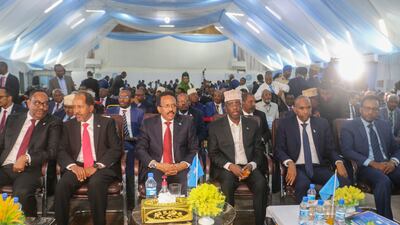 Incumbent President Mohamed Abdullahi Mohamed (C) sits with members of parliament as they attend the presidential elections in Mogadishu, Somalia. EPA