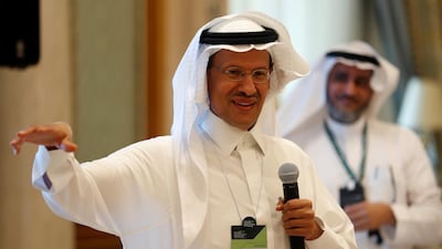 Saudi Energy Minister Abdulaziz Bin Salman gestures as he speaks to members of the media on the sideline of the Future Investment Initiative conference in Riyadh on Wednesday. Reuters.