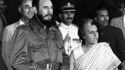 Fidel Castro and Indian prime minister Indira Gandhi at a meeting in the United States in 1976. Oficina de Asuntos Historicos del Consejo de Estado / AFP