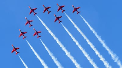 The Red Arrows fly over Carbis Bay and St Ives during the G7 summit. Getty