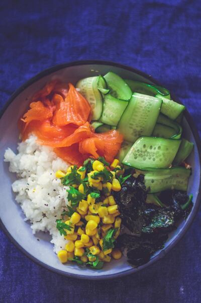 Smoked salmon and sweet chilli cucumber sushi bowls with coriander and lime sweetcorn. Photo by Scott Price
