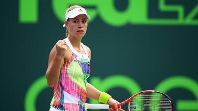 Angelique Kerber celebrates during a win over Barbora Strycova in the second rond of the Miami Open on Friday. Clive Brunskill / Getty Images / AFP / March 25, 2016