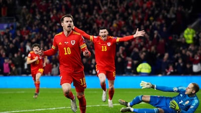 Wales midfielder Aaron Ramsey celebrates after scoring their first goal. Reuters