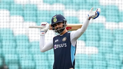 India's Virat Kohli gestures during a training session ahead of the fourth Test at The Oval cricket ground in London, Tuesday, Aug. 31, 2021. England will play India in the fourth Test match starting at the ground on Thursday Sept. 2. (AP Photo / Kirsty Wigglesworth)