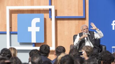 Narendra Modi speaks during a town hall meeting at Facebook headquarters in Menlo Park, California, US, on Sunday, September 27, 2015. David Paul Morris/Bloomberg
