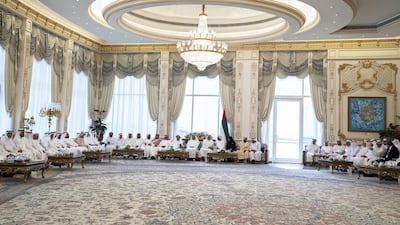 Sheikh Mohamed bin Zayed sits with Sheikh Mohamed bin Rashid and Sheikh Mohamed bin Saud, Dr Amal Abdullah, Sheikh Tahnoon bin Mohamed, Ruler's Representative in Al Ain Region and Sheikh Saif bin Mohamed. Mohamed Al Hammadi / Ministry of Presidential Affairs