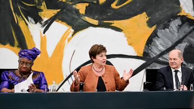From left, Ngozi Okonjo-Iweala, director general of the World Trade Organisation, International Monetary Fund managing director Kristalina Georgieva and German Chancellor Olaf Scholz at a press conference in Berlin. EPA