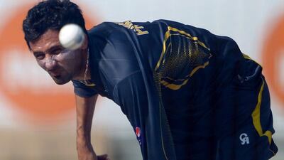 Junaid Khan delivers a ball during Pakistan's training session in Dubai on Thursday. Asif Hassan / AFP
