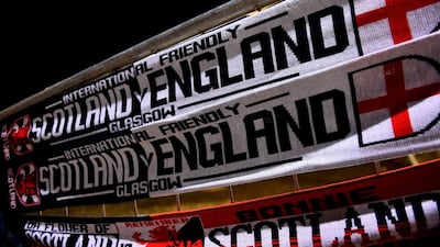 Merchandise shown on sale before kickoff for Tuesday's England v Scotland friendly at Celtic Park in Glasgow. Shaun Botterill / Getty Images