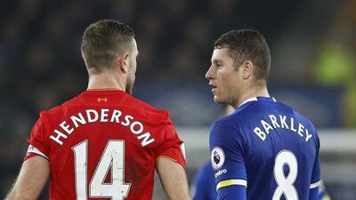 Jordan Henderson confronts Ross Barkley after the Everton midfielder's tackle. Phil Noble / Reuters