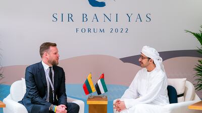 Sheikh Abdullah bin Zayed, Minister of Foreign Affairs and International Co-operation, with Gabrielius Landsbergis, Minister of Foreign Affairs of Lithuania, on Friday. All photos: Wam