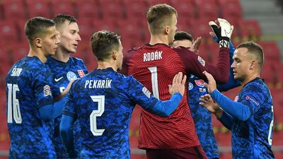 Slovakia players celebrate their won over Scotland. PA