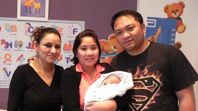 Susie Sacramento cradles son Nicholas watched by husband Christopher and Dr Monika Kaushal. The parents of a baby who weighed less than an iPad when born 14 weeks prematurely in Dubai have paid an emotional tribute to the medical team who helped keep their son alive. Courtesy Zulekha Hospital