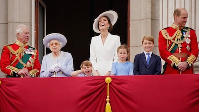 Prince Charles, Queen Elizabeth II, Prince Louis, Kate, Duchess of Cambridge, Princess Charlotte, Prince George, and Prince William on the balcony of Buckingham Palace, to view the platinum jubilee flypast. Taken by Jonathan Brady. PA