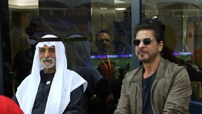 Bollywood star Shah Rukh Khan and Sheikh Nahyan bin Mubarak, Minister of Tolerance and Coexistence, at the Dubai International Stadium