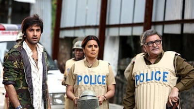 Ranbir Kapoor, left, on the set of Besharam with his parents, Neetu Singh and Rishi Kapoor. Courtesy Movie Temple Productions