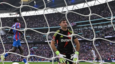 Aston Villa Emiliano Martinez after a goal from Eberechi Eze. AFP