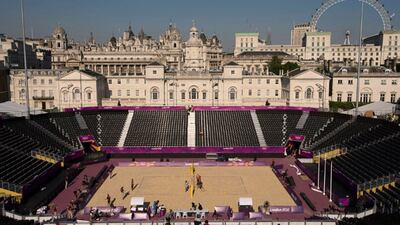 London's historic skyline provides a dramatic backdrop for the volleyball