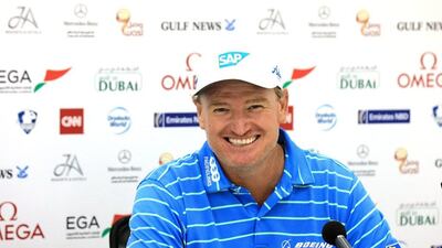 Ernie Els of South Africa speaks to the press during his media conference as a preview for the 2016 Omega Dubai Desert Classic on the Majlis Course at the Emirates Golf Club on February 2, 2016 in Dubai, United Arab Emirates. (Photo by David Cannon/Getty Images)