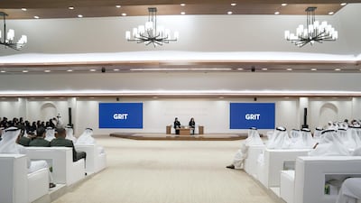 Angela Duckworth (centre right) delivers a lecture titled ‘True Grit: The Surprising, and Inspiring Science of Success’, at Majlis Mohamed bin Zayed. Seen with Hessa Essa Buhumaid, UAE Minister of Community Development (centre left). Mohamed Al Hammadi / Crown Prince Court - Abu Dhabi