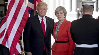 US president Donald Trump welcomes British prime minister Theresa May to the West Wing of the White House on January 27, 2017. Andrew Harrer / Bloomberg