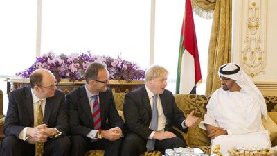 epa03663375 A handout picture made available on 15 April 2013 by Emirates News Agency(WAM) showing General Sheikh Mohammed bin Zayed Al Nahyan (R) Abu Dhabi Crown Prince and Deputy Supreme Commander of the UAE Armed Forces talking with Mayor of London Boris Johnson (2-R) in Abu Dhabi, United Arab Emirates. Johnson is making his first visit to Middle East, and the Gulf states including Dubai, Abu Dhabi and Doha to improve the business relations and look for new investment opportunities. The mayor hopes to raise billions of pounds of investments for London. EPA/WAM / HANDOUT HANDOUT EDITORIAL USE ONLY/NO SALES *** Local Caption *** 03663375.jpg