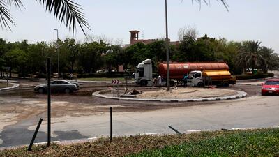 Water from a burst main that flooded roads and car parks near Ibn Battuta Mall has now receded but closed roads continued to cause traffic chaos yesterday.