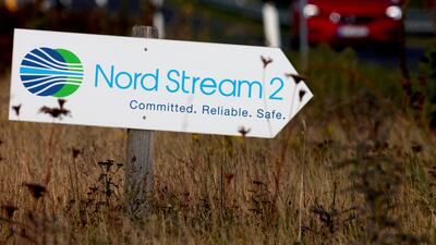 A road sign directs traffic towards the Nord Stream 2 gas line landfall plant entrance in Lubmin, Germany. Reuters