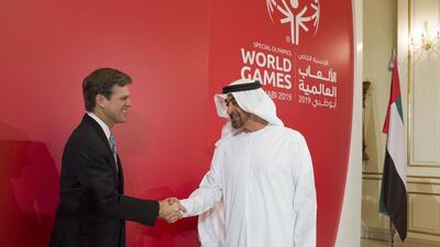 Sheikh Mohammed bin Zayed with Dr Timothy Shriver, Chairman of the Special Olympics, left. Mohamed Al Hammadi / Crown Prince Court - Abu Dhabi