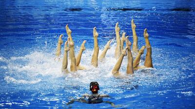 China's synchronised swimming team practices at the Munhak Park Tae-hwan Aquatics Center in Incheon, South Korea, on September 17, 2014. Martin Bureau / AFP