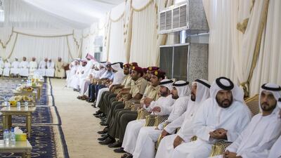 Guests offer condolences to the family of First Corporal Fahim Al Habsi who was killed while on national duty in Operation Restoring Hope in Yemen on Saturday along with First corporals Juma Al Hammadi and Khalid Al Shehhi. Mohamed Al Hammadi / Crown Prince Court - Abu Dhabi
