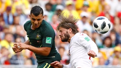 Australia's Andrew Nabbout in action with Denmark's Lasse Schone. Michael Dalder / Reuters