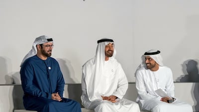 Sheikh Mohamed bin Zayed, with Mohamed Abdulla Al Gergawi, UAE Minister of Cabinet Affairs and the Future and Ahmed Taleb Al Shamsi, director of the National Experts Programme (R), attend the launch of the National Experts Program, at The Founders Memorial. Hamed Al Mansoori / Ministry of Presidential Affairs