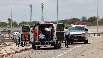 Israeli medical emergency services outside Israel's Ben Gurion airport. AFP