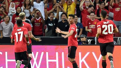 Manchester United's Mason Greenwood, centre, celebrates his winner against Inter Milan. AFP