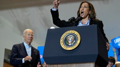 Ms Harris campaigns with President Joe Biden at the IBEW Local Union in Pittsburgh on Labour Day. AP