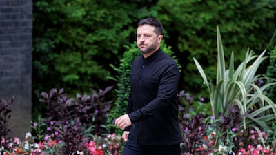 Ukrainian President Volodymyr Zelenskyy arrives at 10 Downing Street for a meeting with British Prime Minister Keir Starmer on Thursday, a day before the Trump-Putin summit in Alaska. EPA