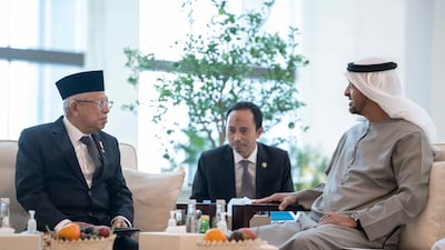 President Sheikh Mohamed bin Zayed with Dr Ma'ruf Amin, vice president of Indonesia (L) at the Shati Palace on Wednesday. Photo: UAE Presidential Court