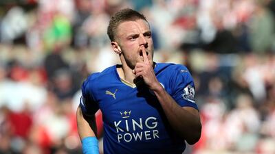 Leicester City’s Jamie Vardy celebrates after scoring a goal during the Premier League match between Sunderland and Leicester City at the Stadium of Light, Sunderland, England, Sunday, April 10, 2016. (AP Photo/Scott Heppell)