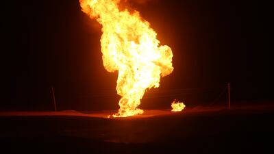 Flames shoot into the air after a natural gas pipeline exploded outside the city of Borujen in Chaharmahal and Bakhtiari province, Iran. AP