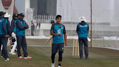 Pakistan pacer Naseem Shah during training at the Pindi Cricket Stadium. AP
