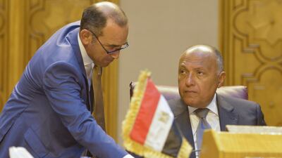 Egyptian foreign minister Sameh Shoukry attends the meeting of the Arab Foreign Ministers in Cairo on July 27, 2017, to discuss the simmering unrest surrounding the Al Aqsa mosque compound in Jerusalem. Khaled Desouki / AFP