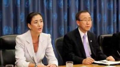 Ingrid Betancourt, who was recently released from six years in captivity in Colombia, pictured with Ban Ki-moon, speaks to delegates at a United Nations symposium.