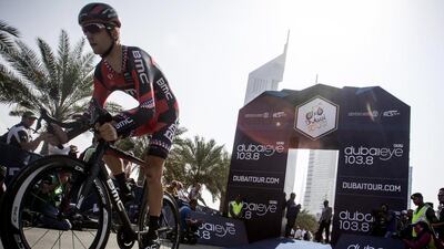 US rider Taylor Phinney of BMC Racing Team competes in the first stage of the Dubai Tour cycling race, a 9.9 km individual time trial, in Dubai on Wednesday. Angelo Carconi / EPA