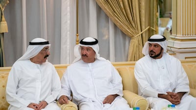 HE Mohamed Juma Al Naboodah, HH Sheikh Sultan bin Hamdan bin Mohamed Al Nahyan and HH Dr Sheikh Mansour bin Tahnoon bin Mohamed Al Nahyan, attend a reception held by HH Sheikh Khalifa bin Zayed Al Nahyan. Ministry of Presidential Affairs