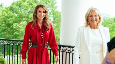 Queen Rania, in a red dress by Lebanese label Bazaza, with first lady Jill Biden at the White House, Washington, DC on Monday, July 19.