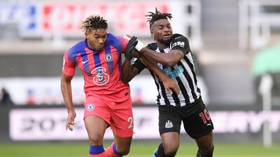 Chelsea's Reece James with Newcastle United's Allan Saint-Maximin. Reuters