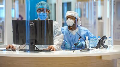 Information desk at the new Covid-19 prime assessment centre in ADNEC, Abu Dhabi. Victor Besa / The National