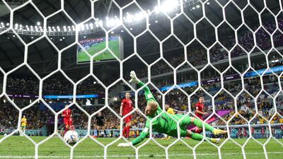 Denmark goalkeeper Kasper Schmeichel is beaten by Mathew Leckie's strike that earned Australia victory. Getty