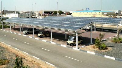 A parking shade solar panel installation in Musaffah.